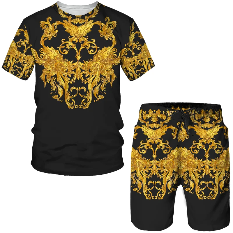 Summer Men Short Sleeve T-shirts Casual Retro Tracksuit  Lion 3D Printed Oversized  Streetwear Suit Fashion  Shorts 2 Piece Set