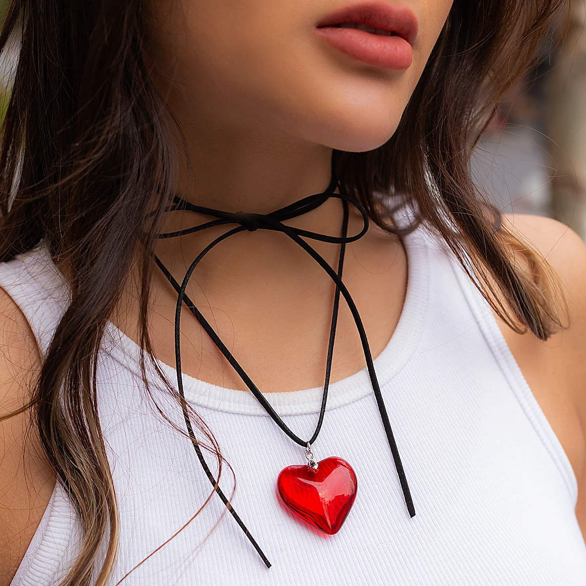 

IngeSight.Z Elegant Y2K Red Crystal Heart Pendant Necklace for Women Black Korean Velvet Knotted Rope Choker Necklace Party Gift