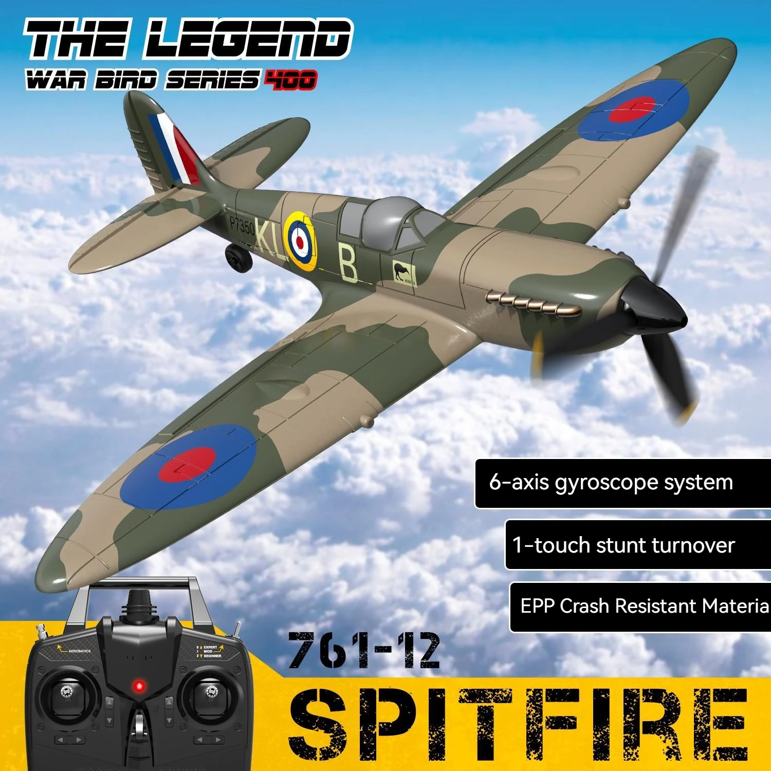 

New UK Spitfire RC Airplane 2.4G 4CH Remote Control Plane EPP 400mm Wingspan 6-Axis 761-12 Spitfire RC Warbird Mini Plane RTF