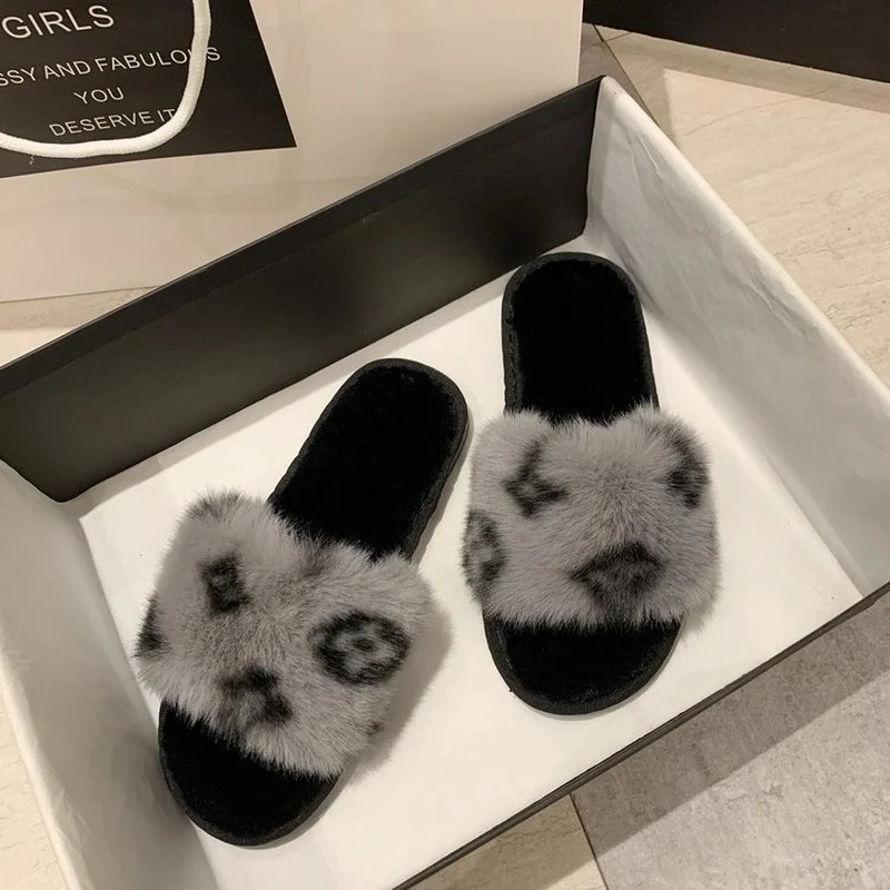 Cotton slippers 2022 autumn and winter new Korean version of the net red printing word flat bottom casual hairy slippers women