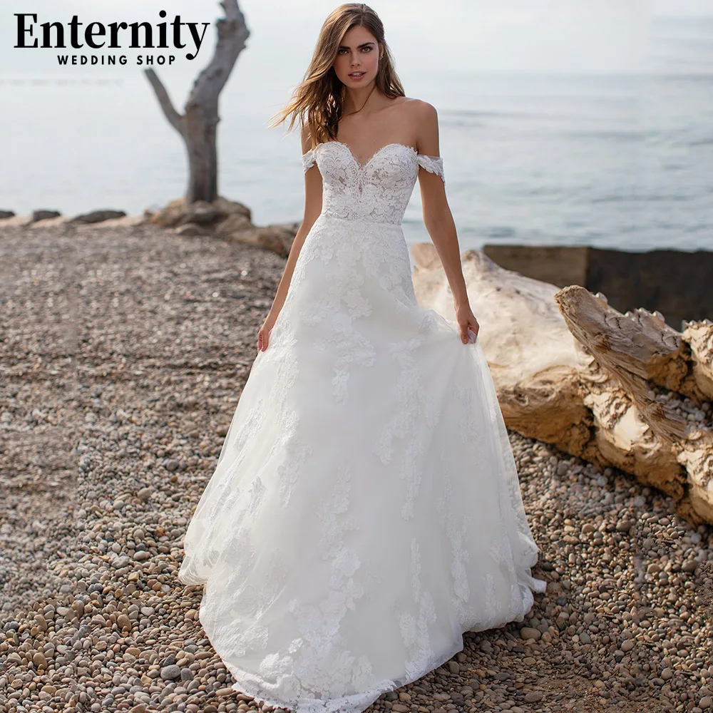 

Beauteous Sweetheart A Line Wedding Dresses Off The Shoulder Bridal Gown Lace Appliques Illusion Back Buttons Vestidos De Novia
