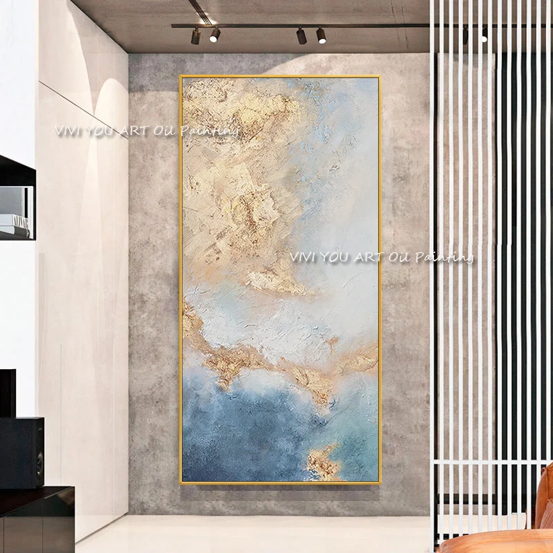 Большая абстрактная картина маслом ручной работы с толстым ножом золотистая