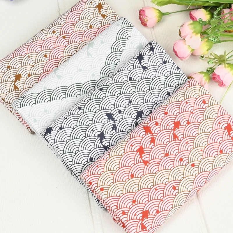 Half Yard 100% Cotton Fabric With Japanese Soft Breeze Wave Little Fish Print Handmade DIY Bag Garment Sewing Cloth CR-1506