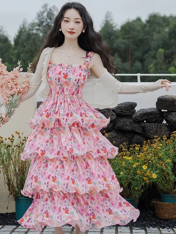Женский винтажный комплект платья с оборками, элегантное Привлекательное платье во французском стиле с цветочным принтом и кардиган, летняя одежда, 2023