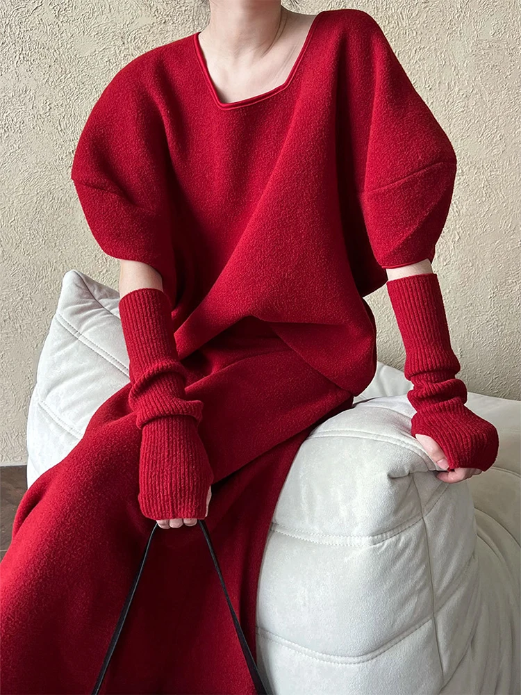 [LANMREM] Вязаный комплект из 2 предметов женский пуловер с круглым вырезом и