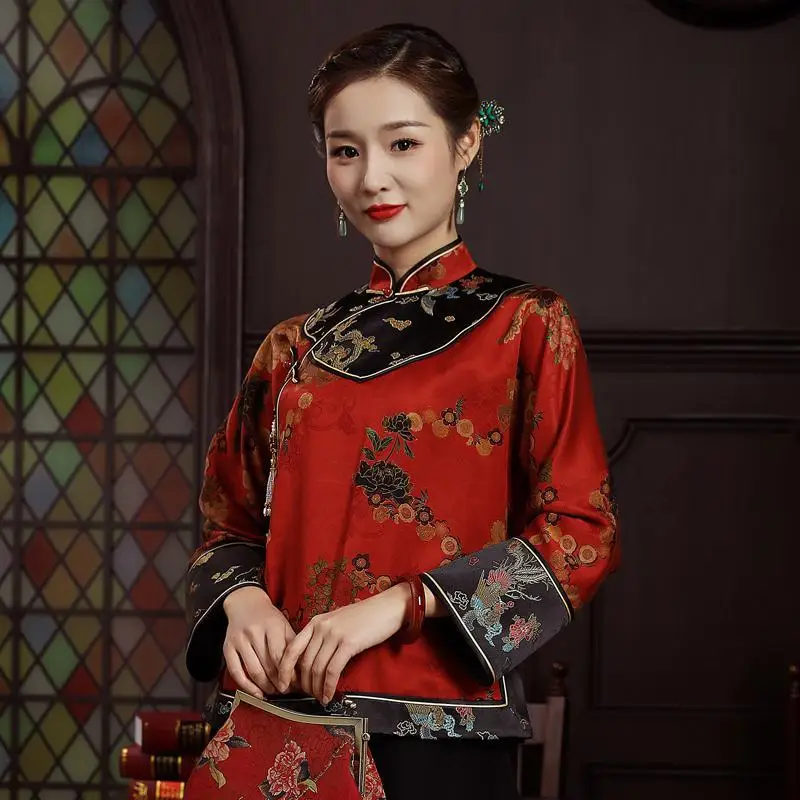 

2023 summer autumn new Chinese style han fu tang suit top women graceful qipao top floral printing loose blouse ancient tops pd