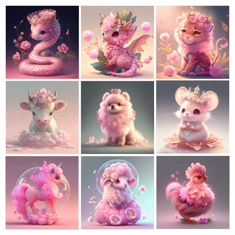 

FULLCANG Cartoon Pink Animal Mosaic Painting Cross Stitch Kits Full Rhinestone Embroidery The 12 Chinese Zodiacs Kid Gift FG1684