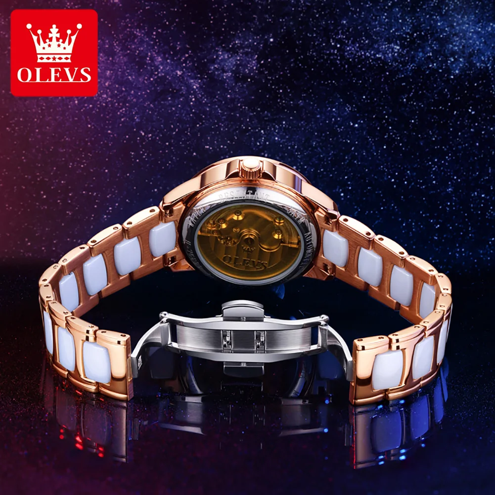 OLEVS Luxury Brand Women Mechanical Watches Waterproof Female Automatic Wristwatches Rhinestone Ceramic Strap Montre Femme enlarge