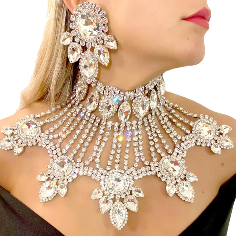 

Роскошное ожерелье с подвеской в виде большого цветка с кристаллами, серьги-капли для женщин, модные комплекты украшений для свадебной вечеринки невесты