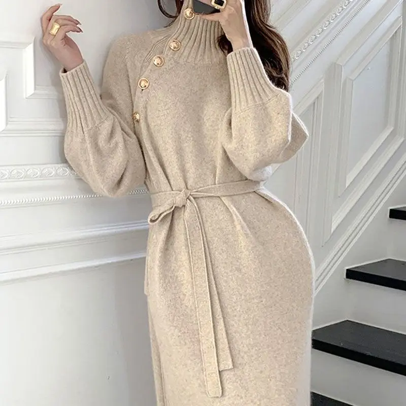 Купи Korean chic wool dress for women in autumn and winter, loose and thin, high neck sweater, two wearing lace up waist knit dress за 809 рублей в магазине AliExpress