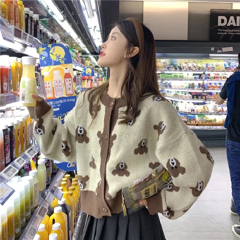 

Khaki Short Outerwear Women's Clothing Fashion Single-breasted Splicing Bear Print Long Sleeves Winter Knitting Cardigan Tops