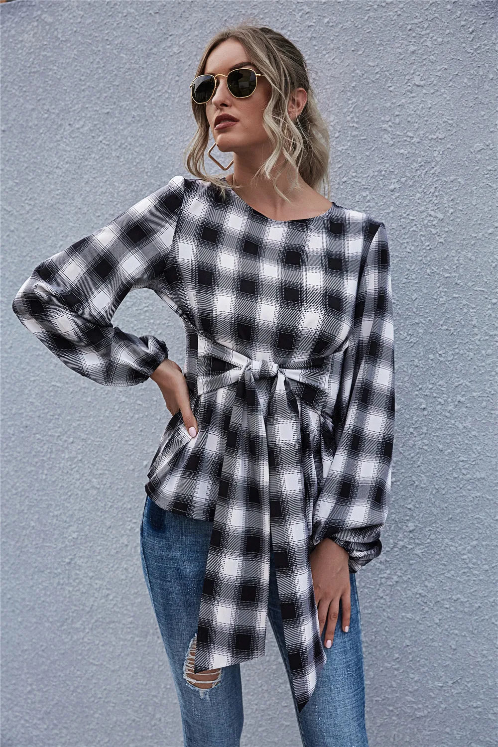 

Bmissingyou Fashion Plaid Women Casual Pullover Shirt with Lace O Neck Long Sleeve Loose Female Casual Blouse Back Button