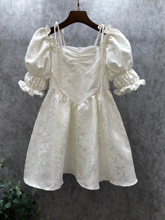 

2022 new women fashion puff sleeve tutu skirt jacquard luxury dress 308