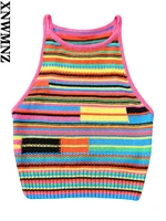 xnwmnz 2022 womens fashion color blocking knitted top woman holiday style sleeveless round neck female chic knitted vest