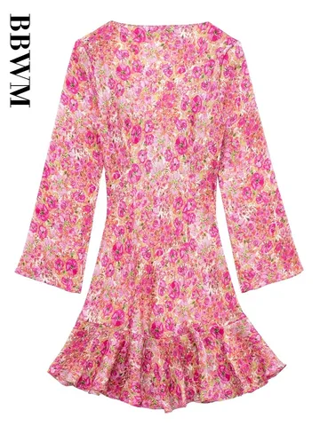 2023 Summer Floral Printed Short Dress Women Tied V Neck Ruffes Dress Woman Vintage Long Sleeve Party Chic Mini Dresses
