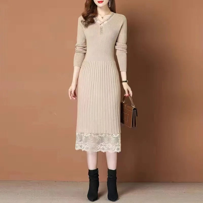

2022 Autumn Winter New Long Knee-length Knitted Dress Women's Fashion Slim Half Turtleneck Bottoming Lace Sweater Dress Female