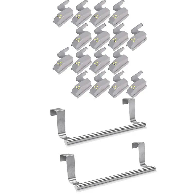 

JFBL Hot 16Pcs Hinge Led Sensor Light For Kitchen Cabinet & 2Pcs Stainless Steel Over Door Towel Rack Bar Holders