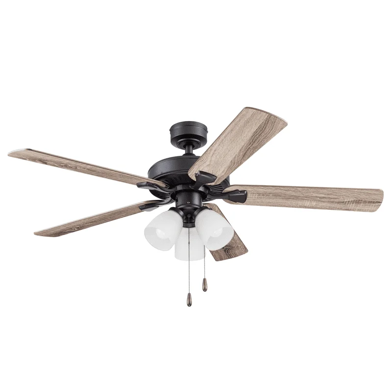 

52" Bronze Ceiling Fan with 5 Blades, Frosted Glass Light Kit, Pull Chains & Reverse Airflow