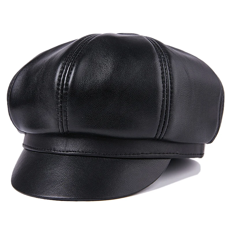 

2022 Unisex New Genuine Leather Newsboy Caps Women Flat Visor Retro German Military Men Octagonal Caps Suitable For Gentleman