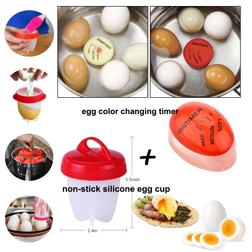 

2-4pc/set Silicone Egg Cooker Egg Timer Poacher Hard Boiled Cooker Boiler Kitchen Eggs Mold Cups Bowl Rings Nonstick Egg Steamer