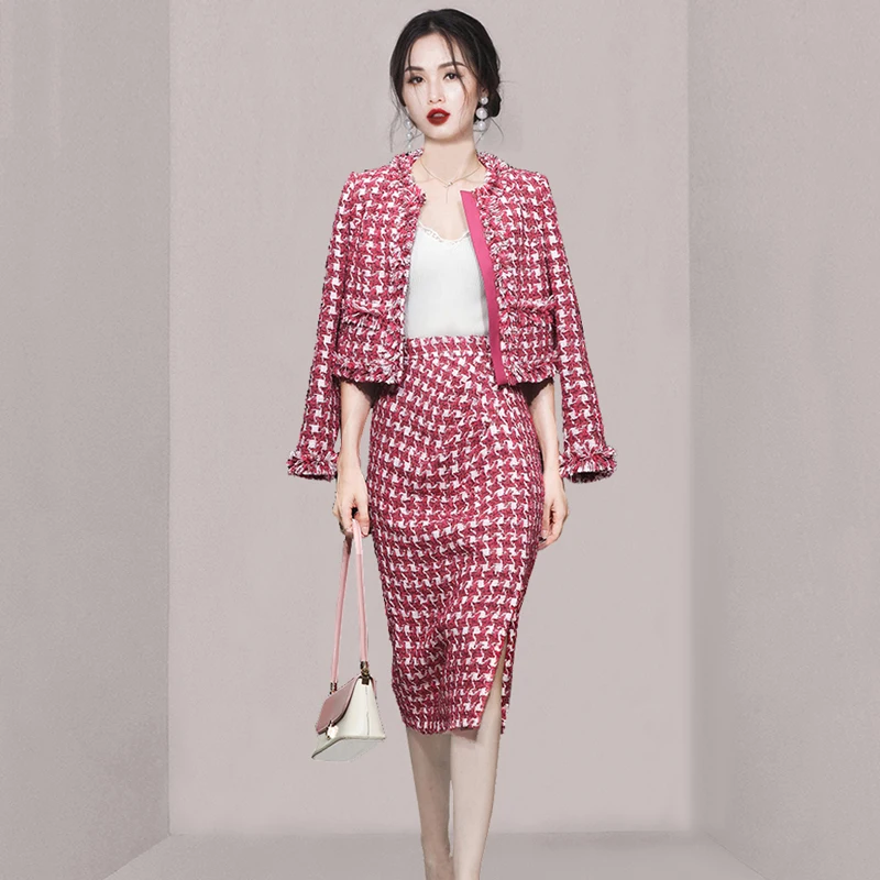 

Autumn Winter Women Wollen Tweed Vintage Two Piece Skirt Suits Sets Tassel Cardigan Coat And Pencil Skirt Outfits