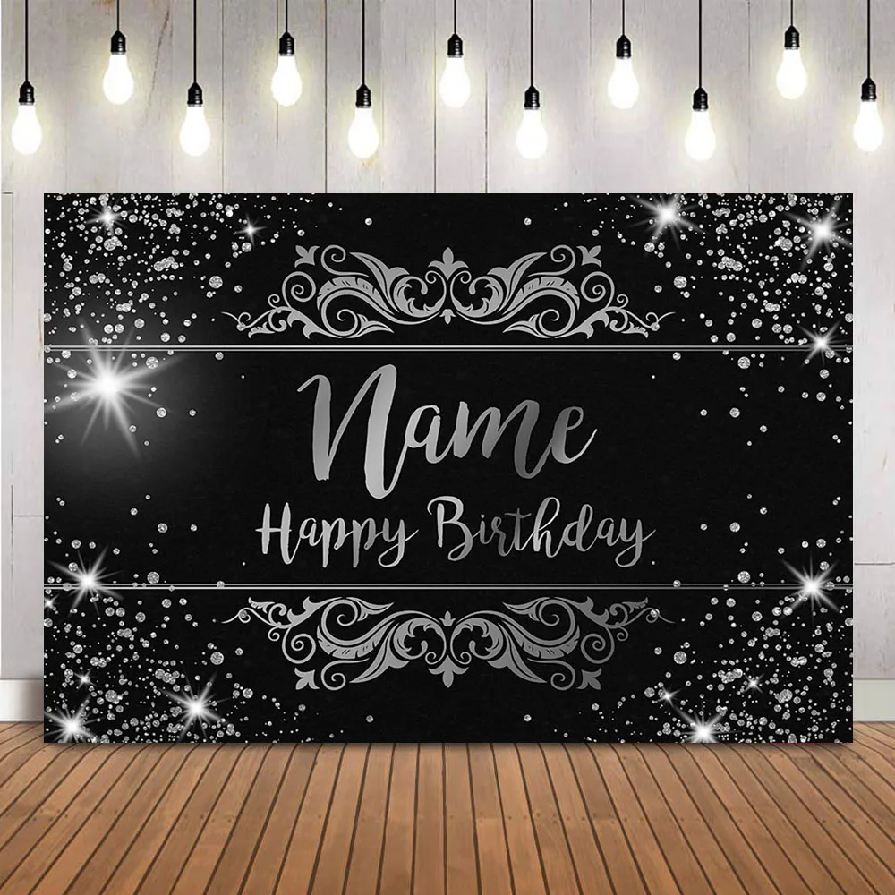 

Black Glitter Birthday Background Sliver Shining Dots Backdrop for Photo Studio Personalized Name Boy Adult Theme Party Decor