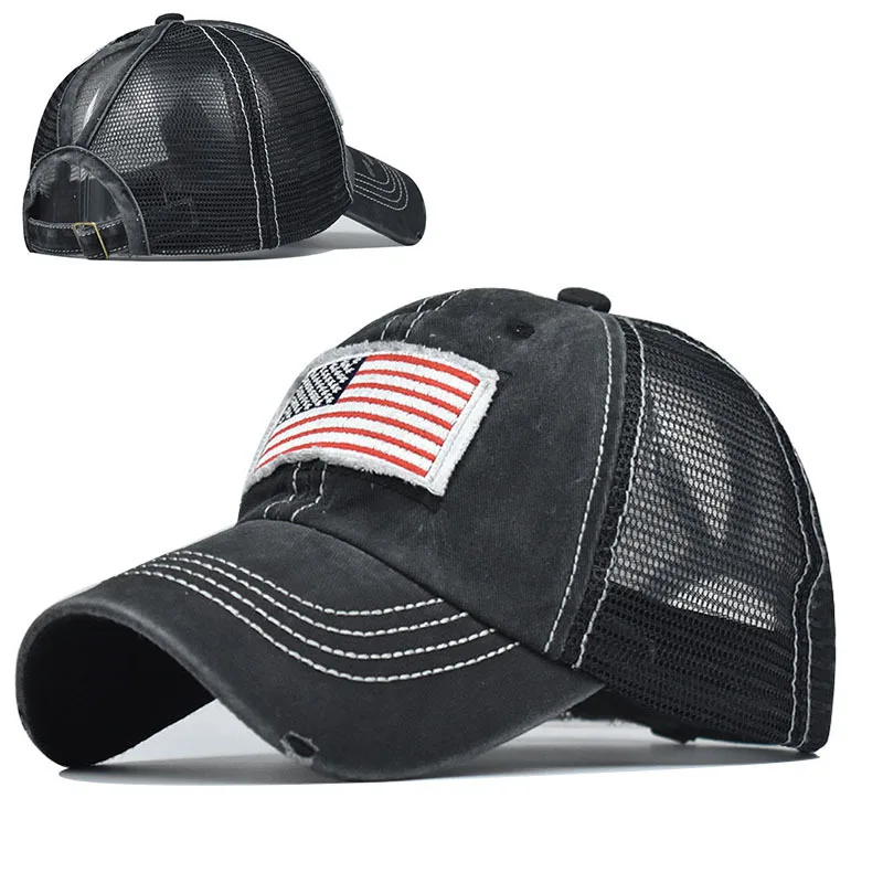 

Washed Cotton USA Flag Patchwork Style Snapback Cap Girls Ladies Streetwear Ponytail Summer Mesh Hat