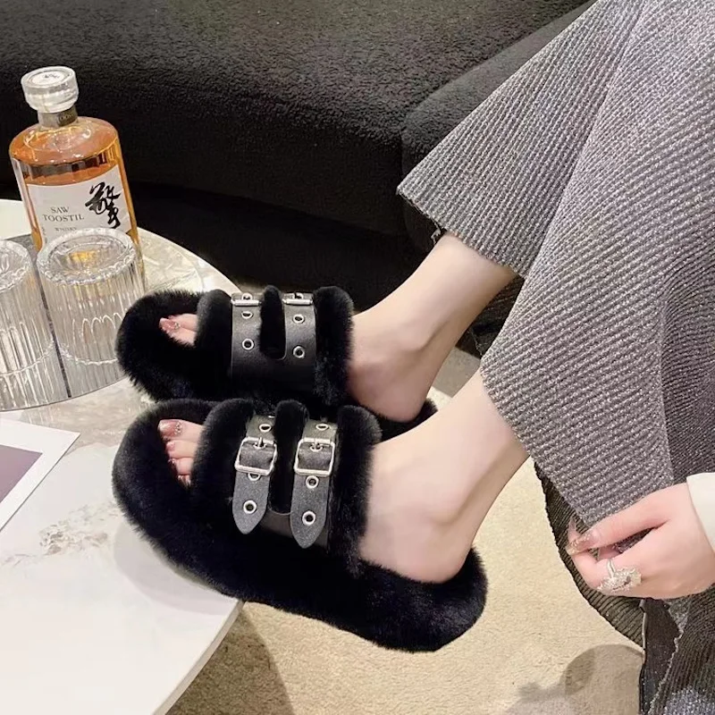 Winter Fur Slippers Autumn Gothic Belt Buckle Platform Slides Flat Heel Plush Warm Home Slippers Women Soft Rabbit Hair Slippers