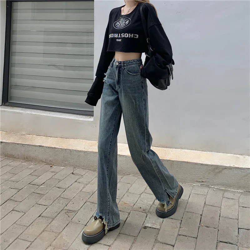 N0008  Straight jeans new retro fashion high waist wide leg pants trousers jeans