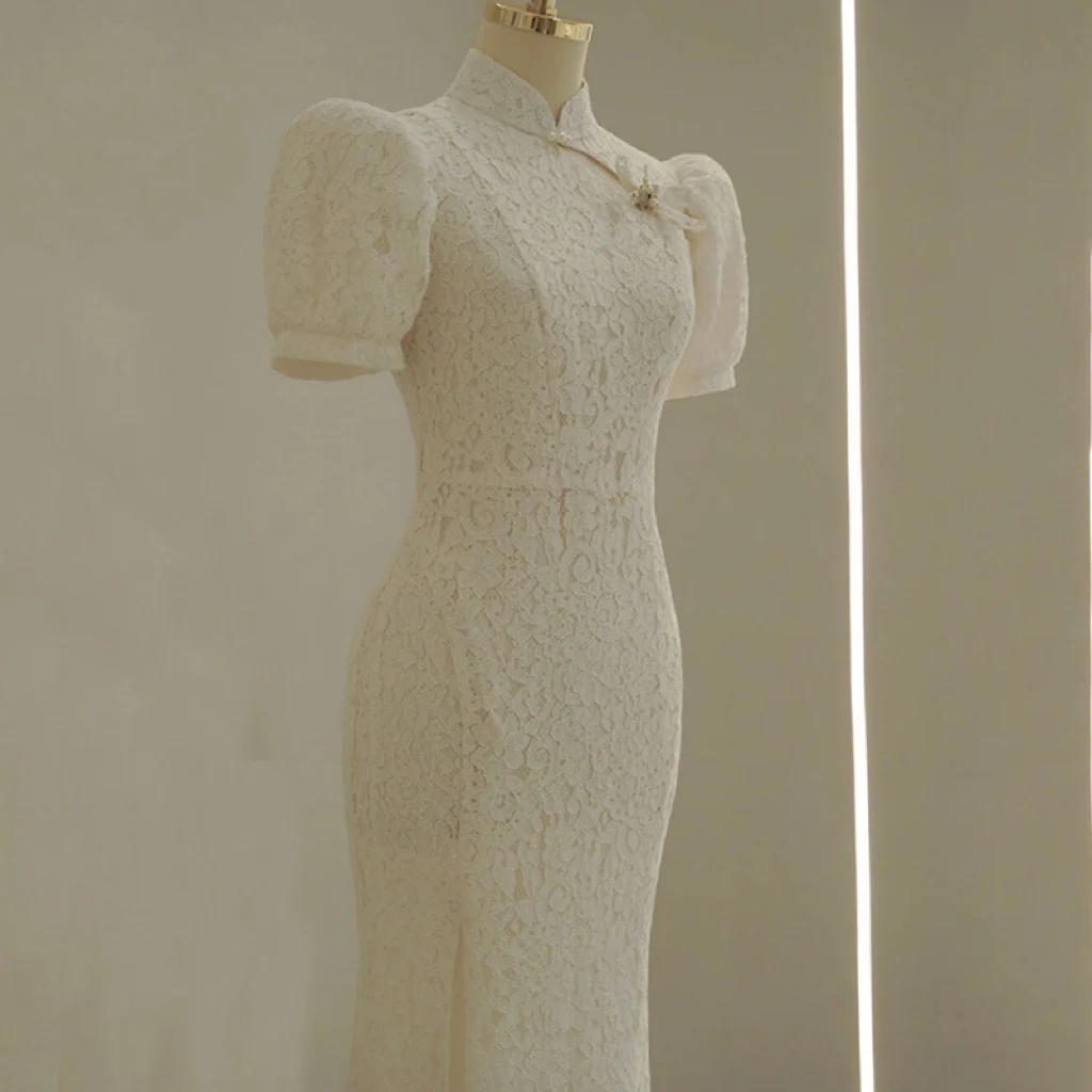 

Женское вечернее платье с юбкой годе, белое, красное винтажное кружевное платье Чонсам с буффами на рукавах и высоким воротником-стойкой, об...