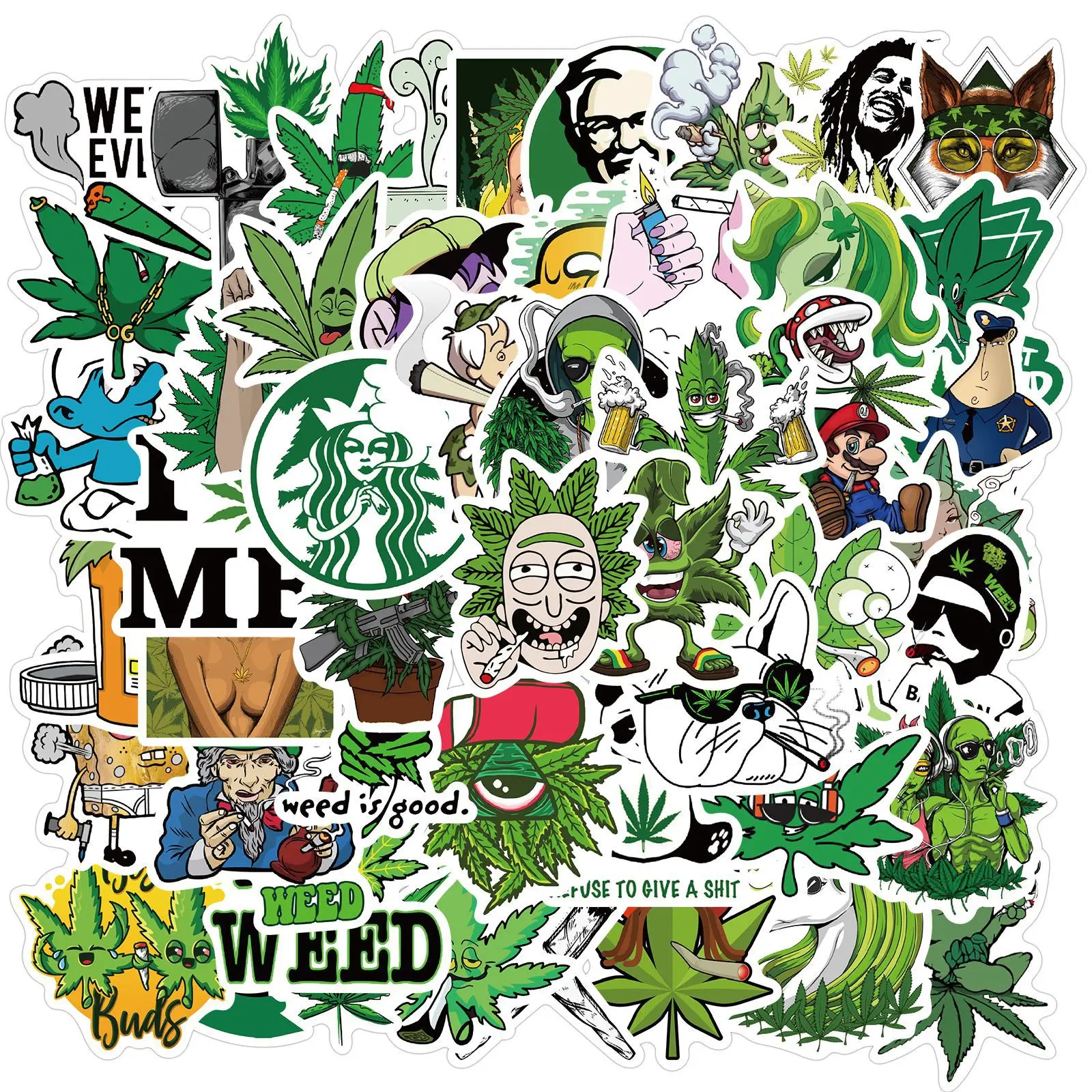 

10/50/100Pcs/Lot Funny Cartoon Stickers Spoof Smoking Waterproof Skateboard Guitar Luggage Laptop Green Leaves Graffiti Kids Toy
