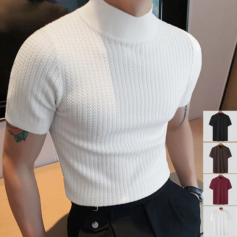 

2023 Summer New Short Sleeve Casual Minimalist Knitted Base Shirt - European Style Men's Semi-High Collar Solid Color T-Shirt