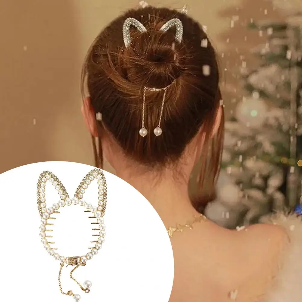 

Shiny Rhinestones Faux Pearls Decor Ponytail Buckle Anti-slip Teeth Girl Cat Ears Decor Tassel Pendant Hair Clamp Hair Accessori