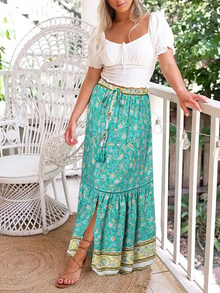 

Celmia Casual 2023 Summer Beach Skirts Ruffled Hem Floral Print Maxi Skirts Women Vintage Long Jupe Bohemian Elastic Waist Falda