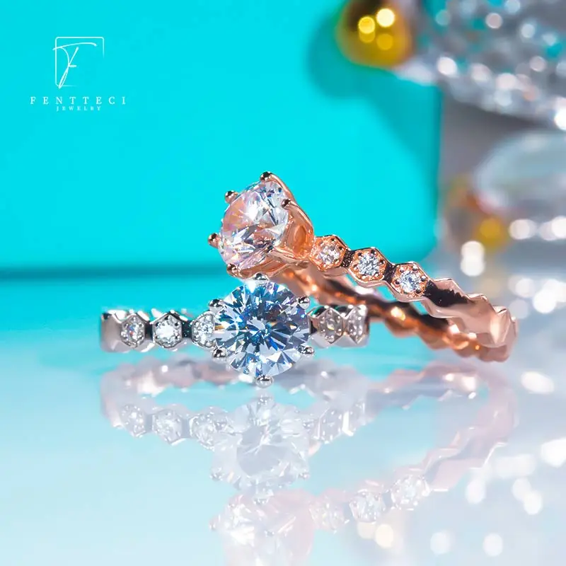 FENTTECI 925 Sterling Silver Real Moissanite Honeycomb Ring 1 Carat Fashion Elegant Female Christmas Party Gift Wedding Proposal