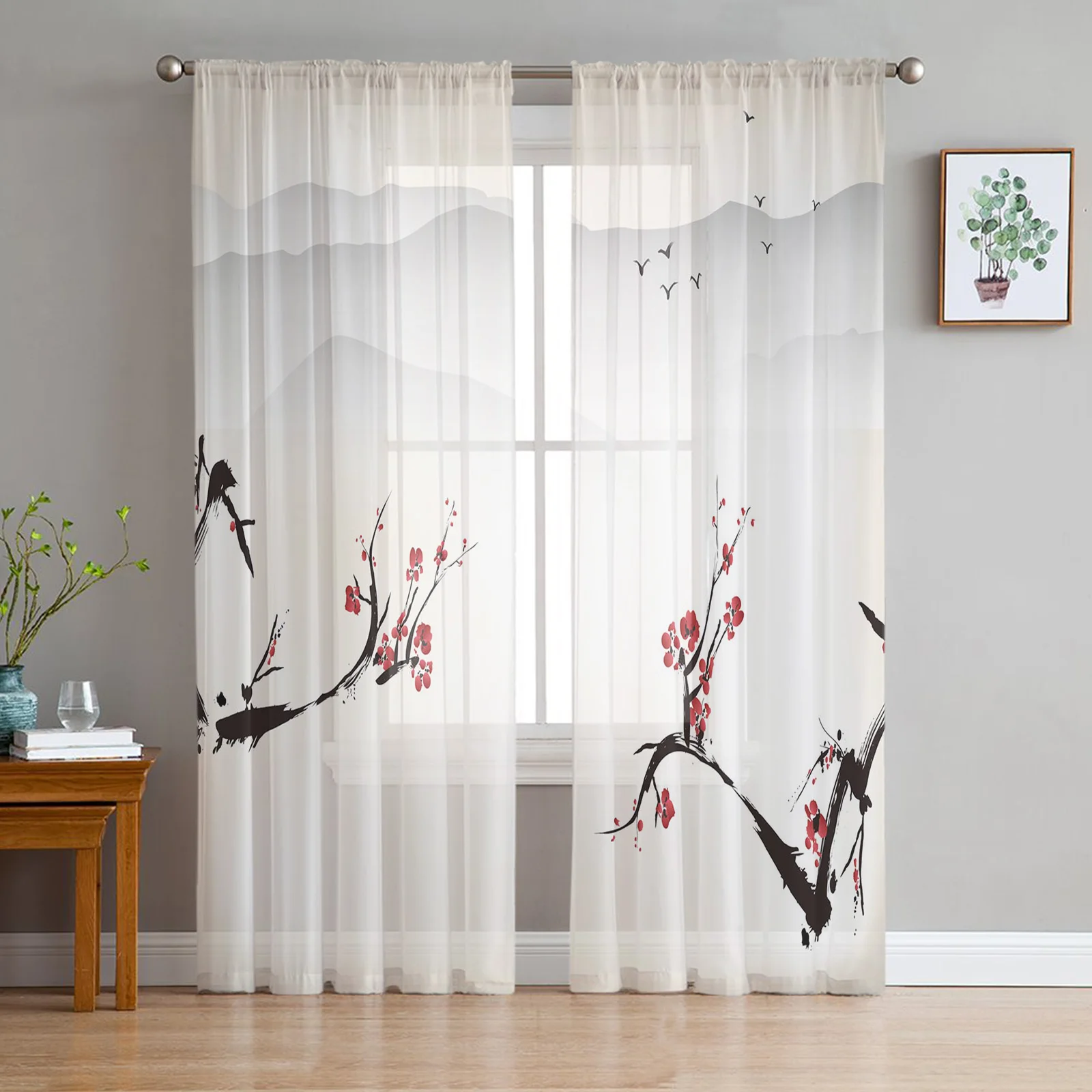

Chinese Style Flower Plum Blossom Scenery Chiffon Sheer Curtains for Living Room Bedroom Decor Window Voile Tulle Curtain Drapes