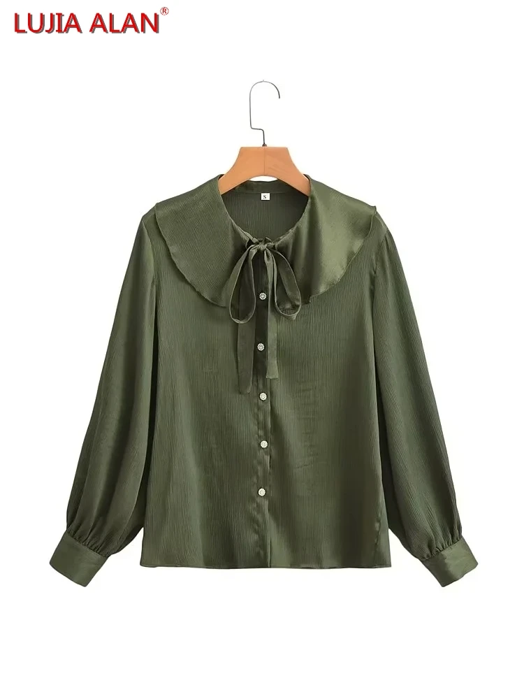 

New Women Peter Pan Collar Lace Up Bowknot Shirt Casual Long Sleeve Loose Blouse Female Tops LUJIA ALAN B1166