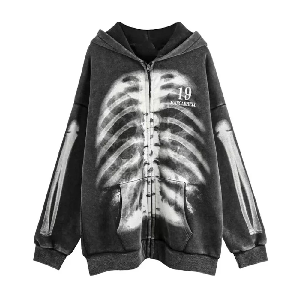 

Y2K Tops Hip Hop Fun Bones Print Zip Up Hoodie Men Distressed Black Oversized Cardigan Harajuku Casual Sweatshirt Winter Clothes
