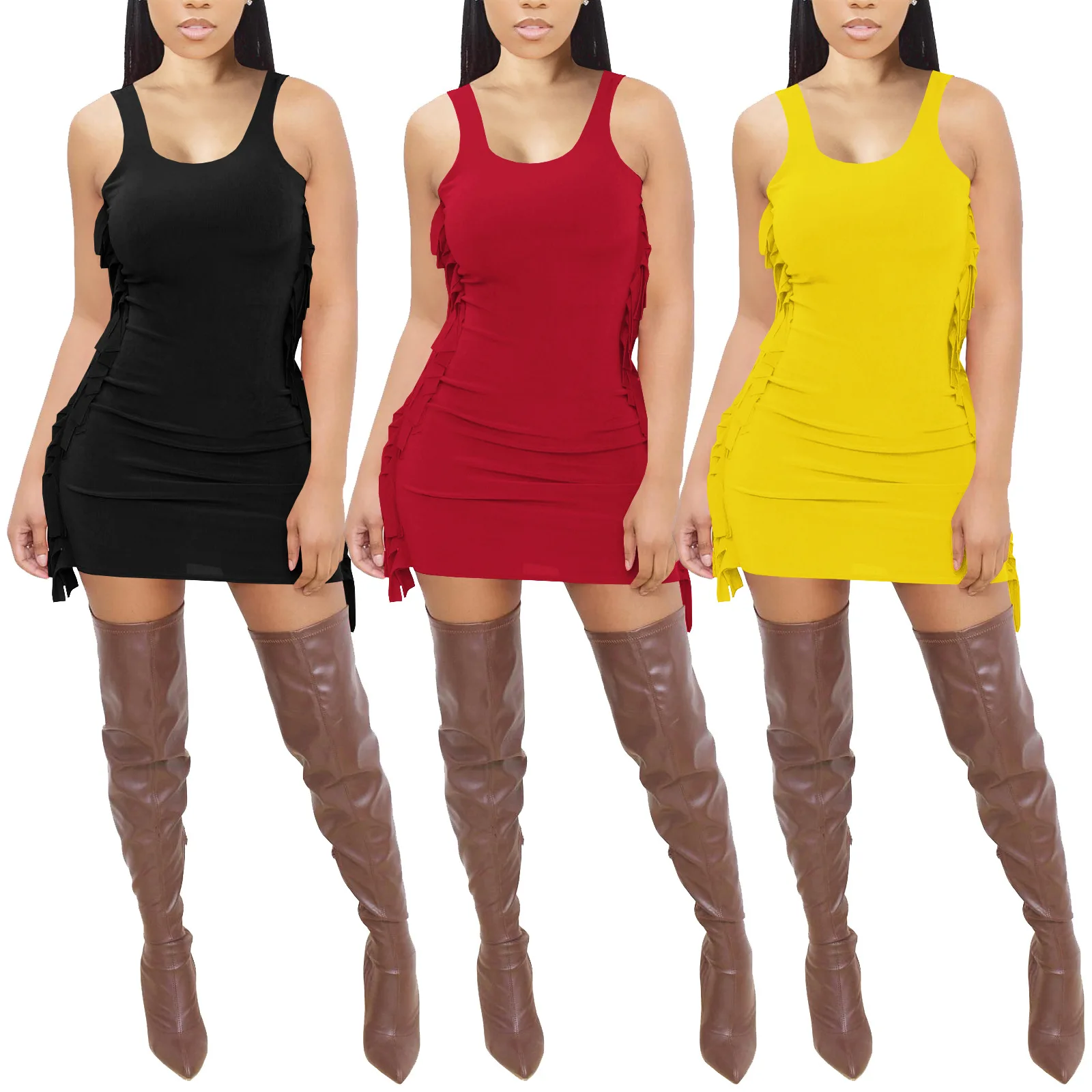 

2HR8207 Spring Summer Dresses for Women 2022 New Fashion Solid Color Hot Sale Models Fringed Tight Midi Dress on Both Sides