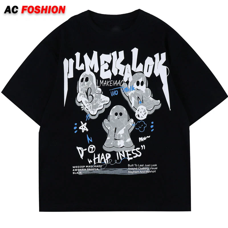 

Men T Shirt Hip Hop Streetwear Tops Graffiti Cartoon Ghost Print Short Sleeve Tshirts Unisex Harajuku Summer Cotton Tee Shirts
