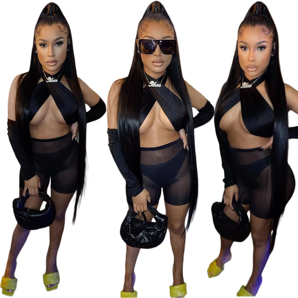 

Lovelysales Women's Clothes Nightclub Style Sexy Hollow Hanging Neck Cross Mesh Stitching Perspective Three-piece Set for Women