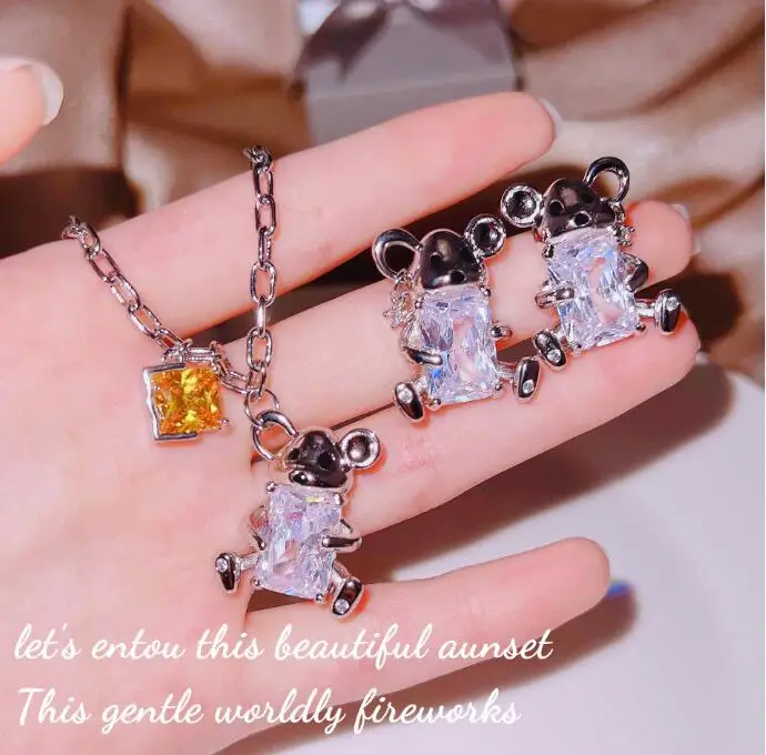 Bloggers recommend designer bear earrings luxury bright square diamond contrast color necklace earrings set for women