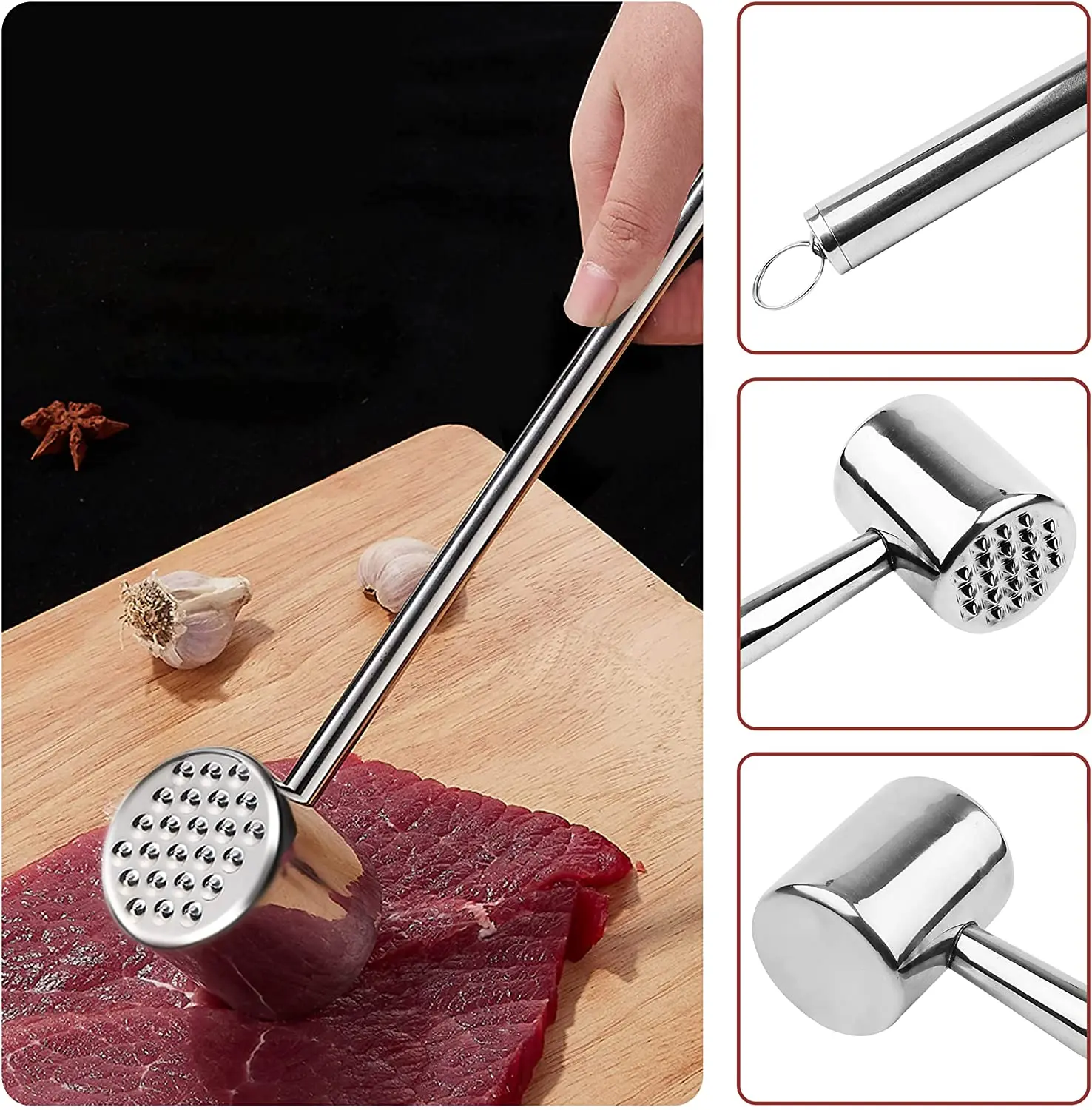 

Household Kitchen Meat Mallet Double-Side Use Stainless Steel Steak Pork Chicken Meat Tenderiser Stainless Steel Meat Mallet