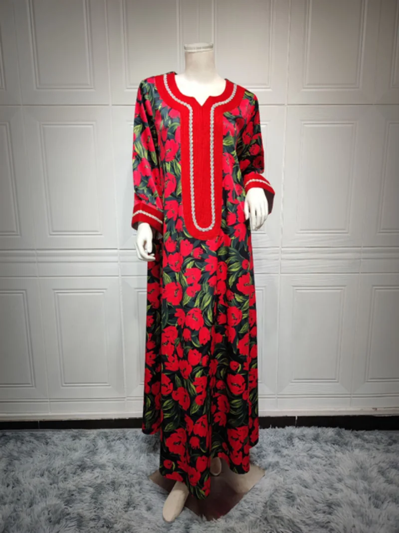 Eid Muslim Women Abaya Morocco Party Dress Abayas Elegant Print Floral Long Sleeve Robe Dresses Ramadan Musulman Maxi Vestidos