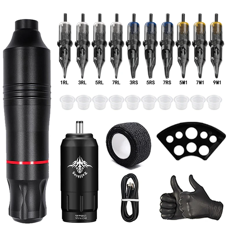 

Профессиональный набор для татуировок, беспроводной роторный набор для тату-машинки, ручка, постоянный ток, интерфейс с картриджными иглам...