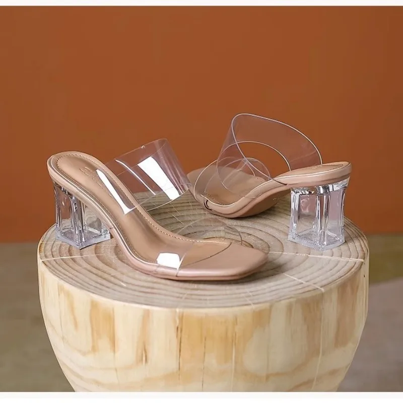 Обувь Прозрачные тапочки Тапочки на тонком каблуке Женские роскошные шлепанцы