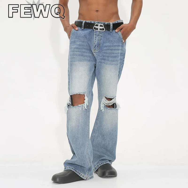

FEWQ Knee Ripped Jeans Male High Street Straight Denim Pants Vintage Men's Washed Trousers Casual 2023 Summer Trendy New 24B2355