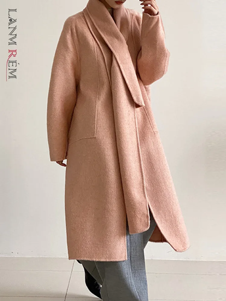 

[LANMREM] Elegant 100% Woolen Scarf Collar Coats For Women 2023 Winter New Solid Cardigan High End Female Warm Outwear 26D7128