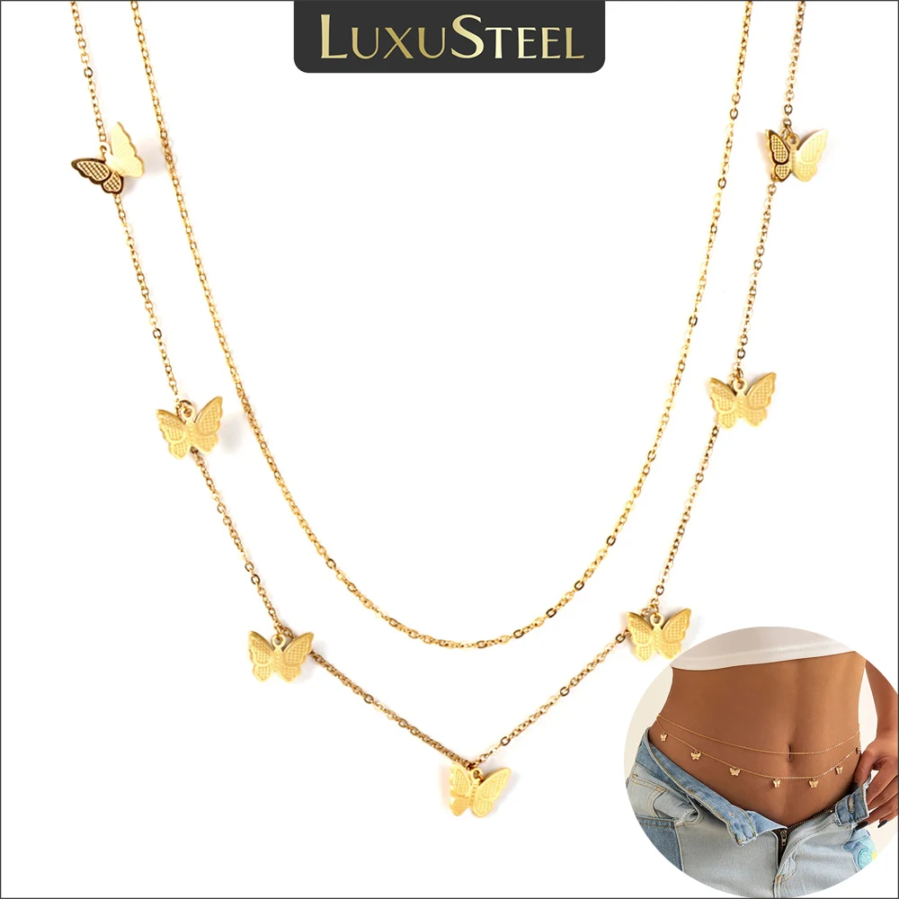 

LUXUSTEEL Sexy Multi Layer Belly Belt Chain Stainless Steel Butterfly Charm Body Waist Chains Summer Vacation Jewelry For Women