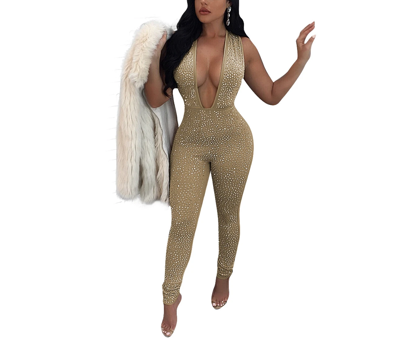 

2022 Autumn and Winter New Sexy Nightclub Women's Clothing, Hot Drill, Deep V-neck, Sexy Jumpsuit